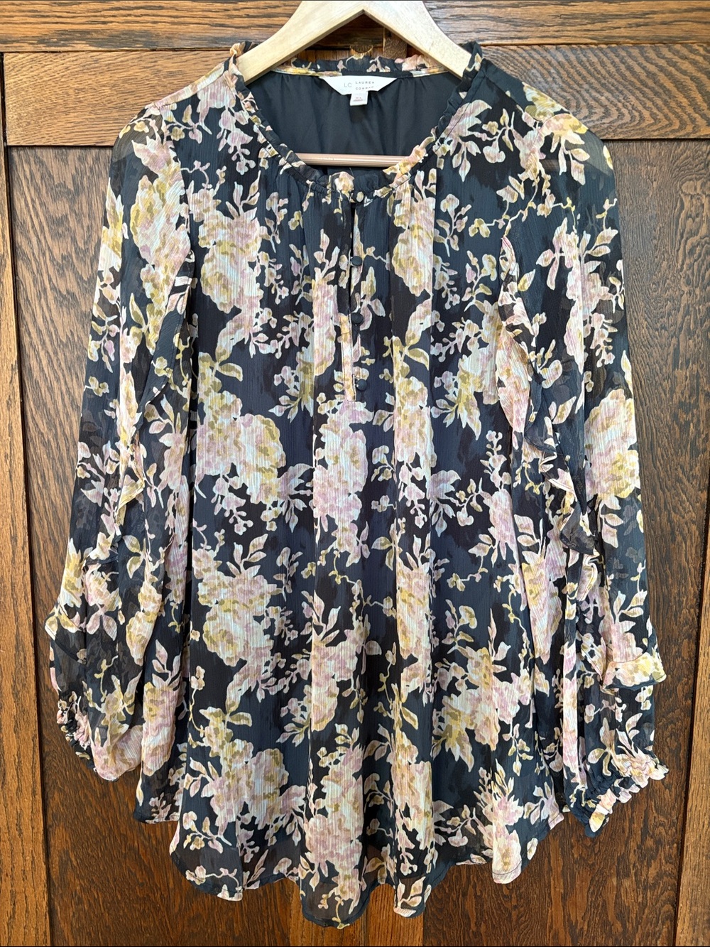 Lauren Conrad Black Floral Long-Sleeve Peasant Top XL